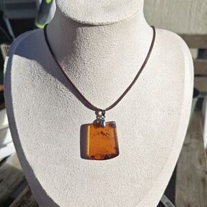 124 Amber Pendant Necklace on Brown Cord